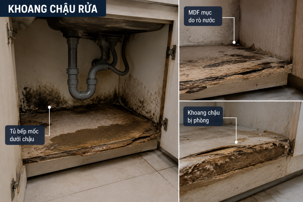 Khoang chậu rửa là vị trí dễ khiến MDF chống ẩm bị phồng cốt, mốc và xuống cấp nhanh nếu xảy ra rò nước hoặc đọng ẩm lâu ngày