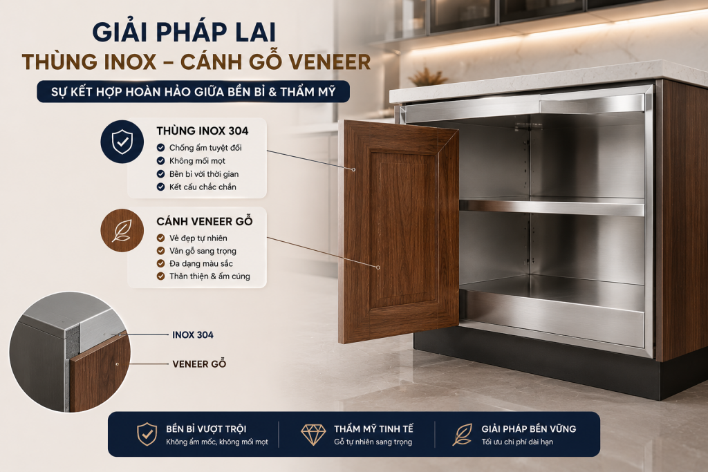 Thùng inox cánh gỗ veneer cho tủ bếp hiện đại