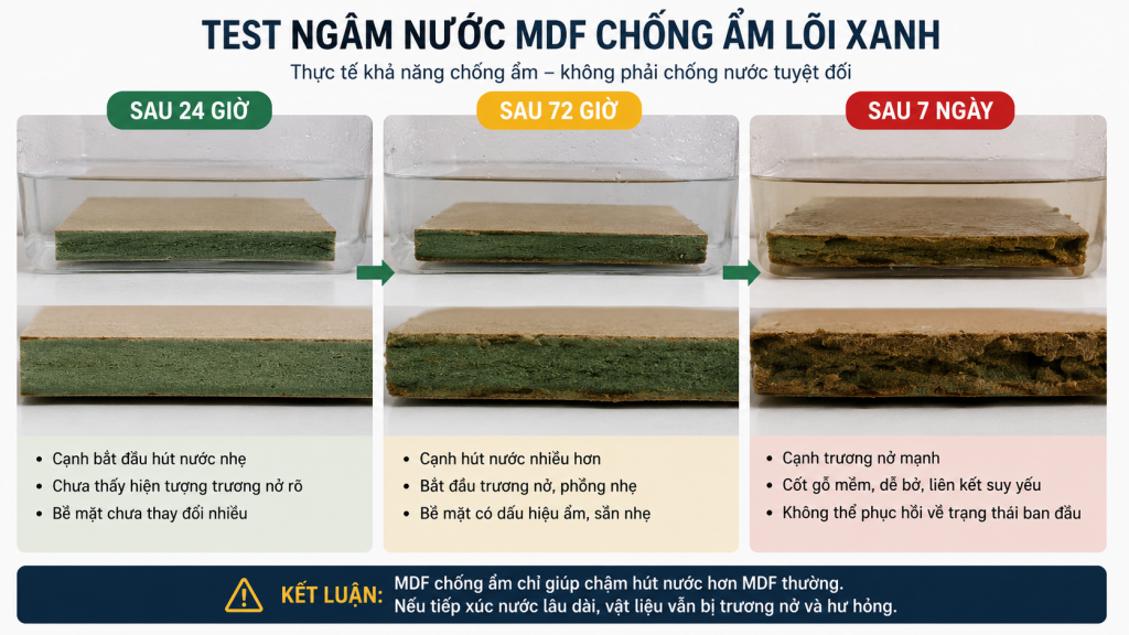 Hình ảnh test thực tế MDF chống ẩm lõi xanh sau 24h, 72h và 7 ngày ngâm nước