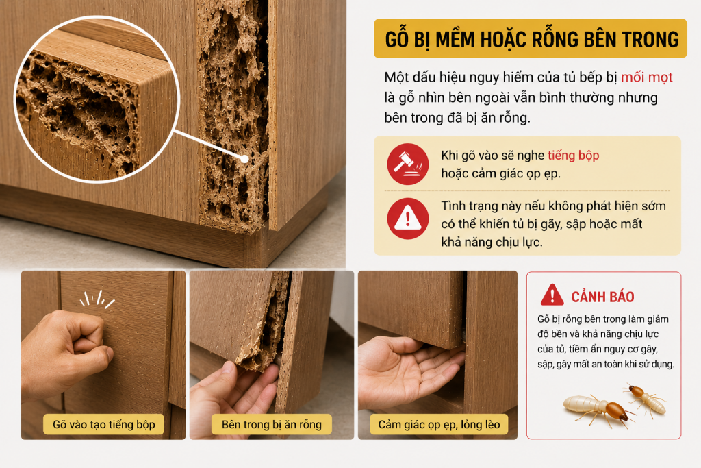 Tủ bếp bị mối mọt khiến gỗ rỗng bên trong
