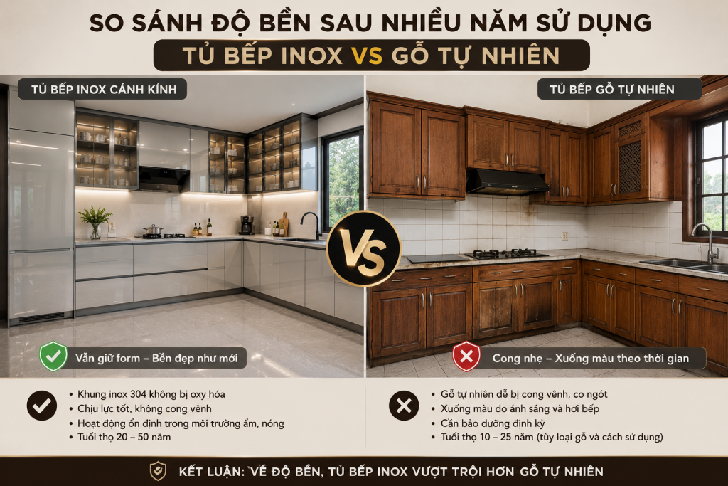 So sánh độ bền tủ bếp inox vs gỗ tự nhiên