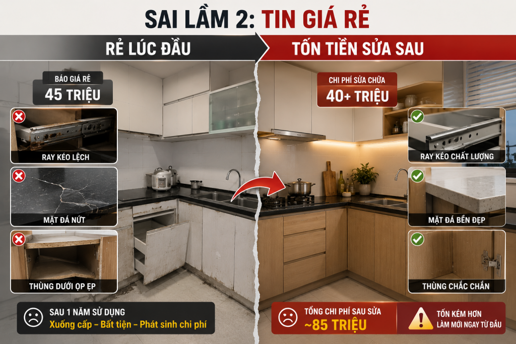 Sai lầm tin giá rẻ khiến tủ bếp nhanh xuống cấp và phát sinh chi phí sửa chữa