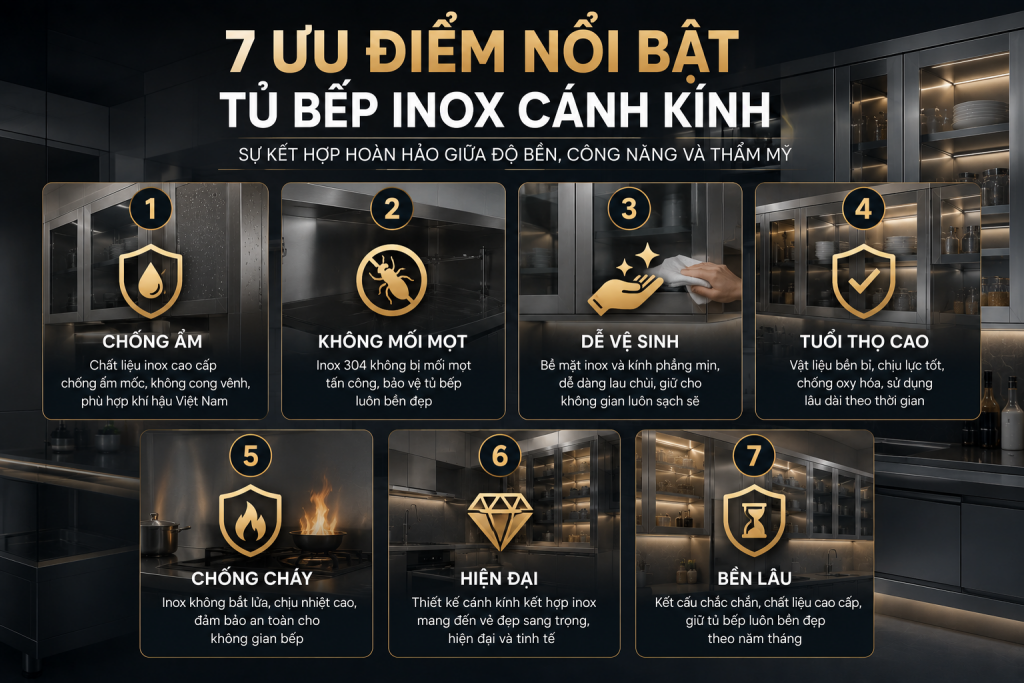 7 ưu điểm nổi bật của tủ bếp inox cánh kính