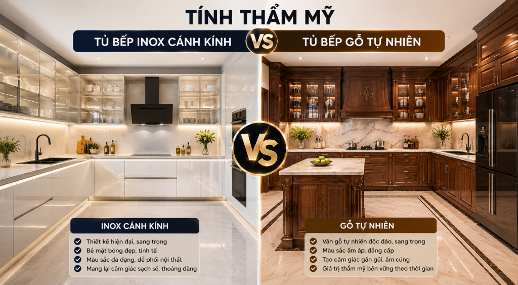 Tính thẩm mỹ của tủ bếp inox vs gỗ tự nhiên