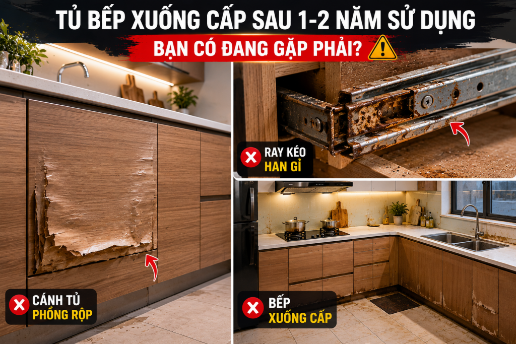 Hình ảnh tủ bếp gỗ bị xuống cấp do ẩm mốc và phụ kiện kém chất lượng