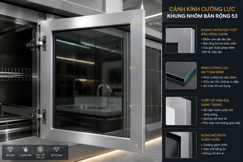 Cánh kính cường lực khung nhôm cho tủ bếp inox