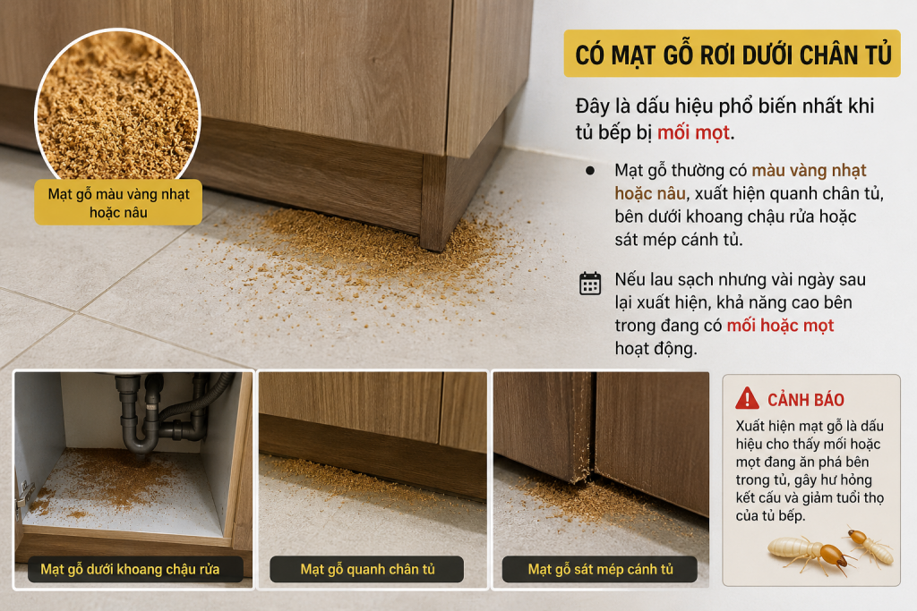 Tủ bếp gỗ xuất hiện mạt gỗ rơi dưới chân tủ