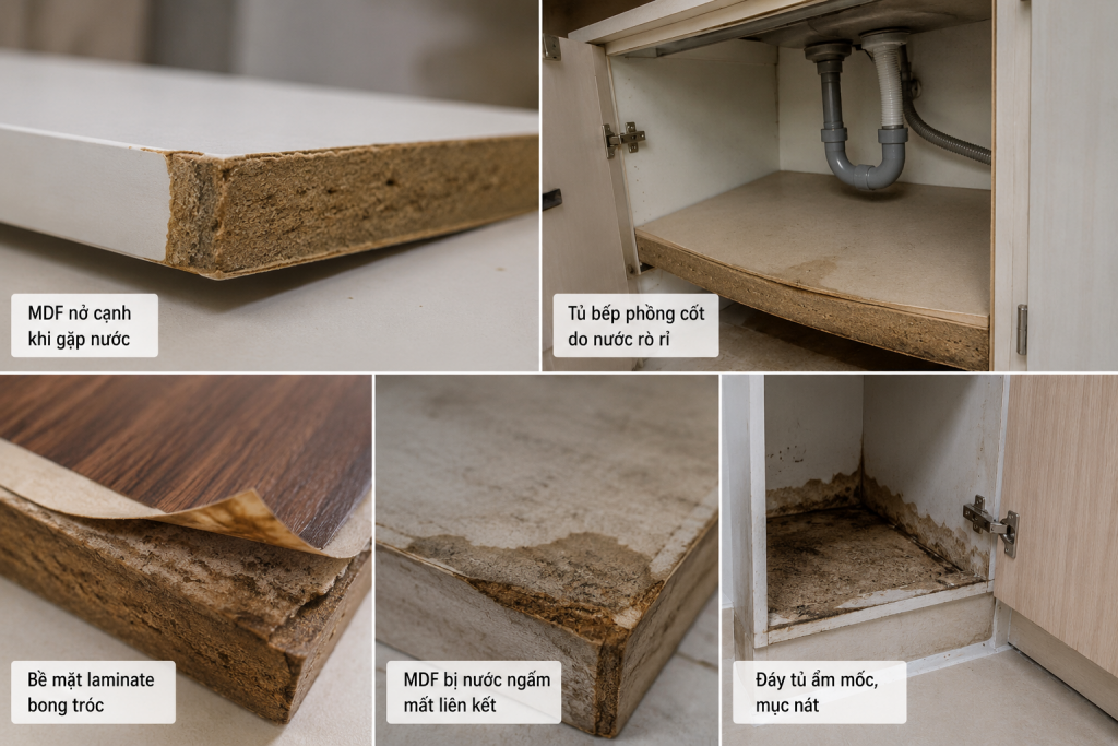 Hình ảnh thực tế MDF chống ẩm bị phồng cốt, bong laminate và xuống cấp sau thời gian dài tiếp xúc với nước và độ ẩm cao.