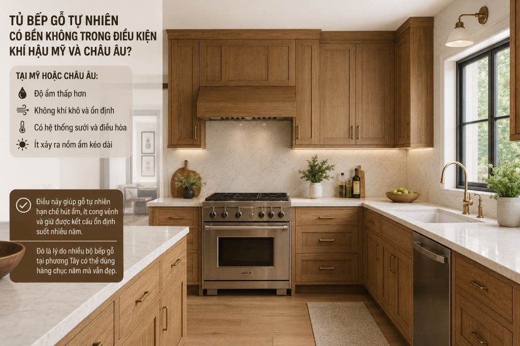 Mẫu tủ bếp gỗ tự nhiên phong cách phương Tây