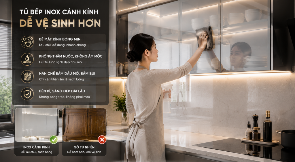 Tủ bếp inox cánh kính dễ vệ sinh hơn