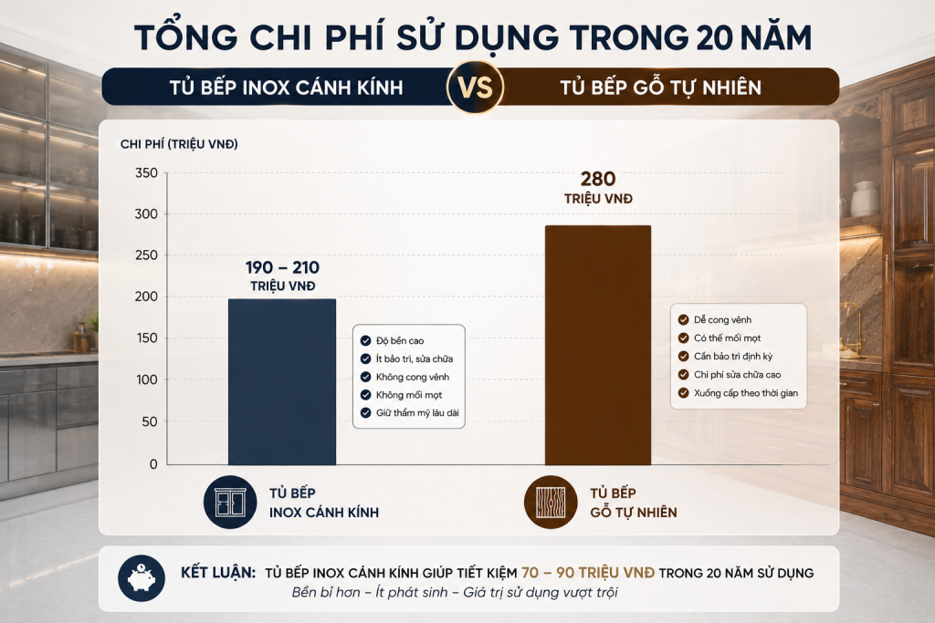 Tổng chi phí sử dụng tủ bếp inox vs gỗ tự nhiên trong 20 năm