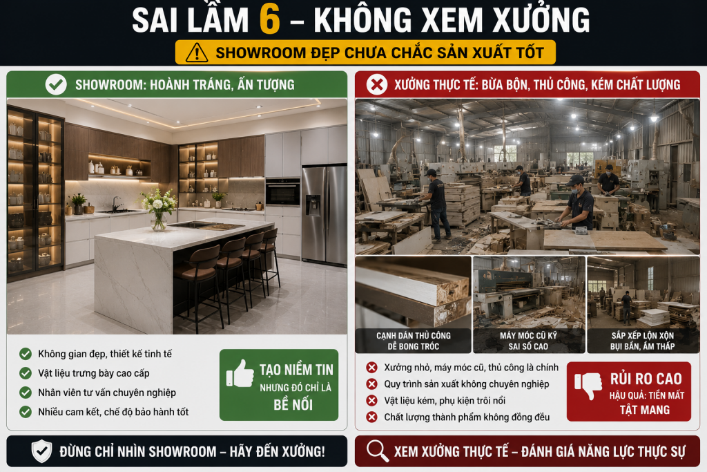 Hình ảnh showroom nội thất hiện đại và xưởng gia công tủ bếp thực tế