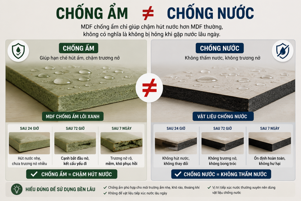 So sánh chống ẩm và chống nước trong vật liệu MDF tủ bếp