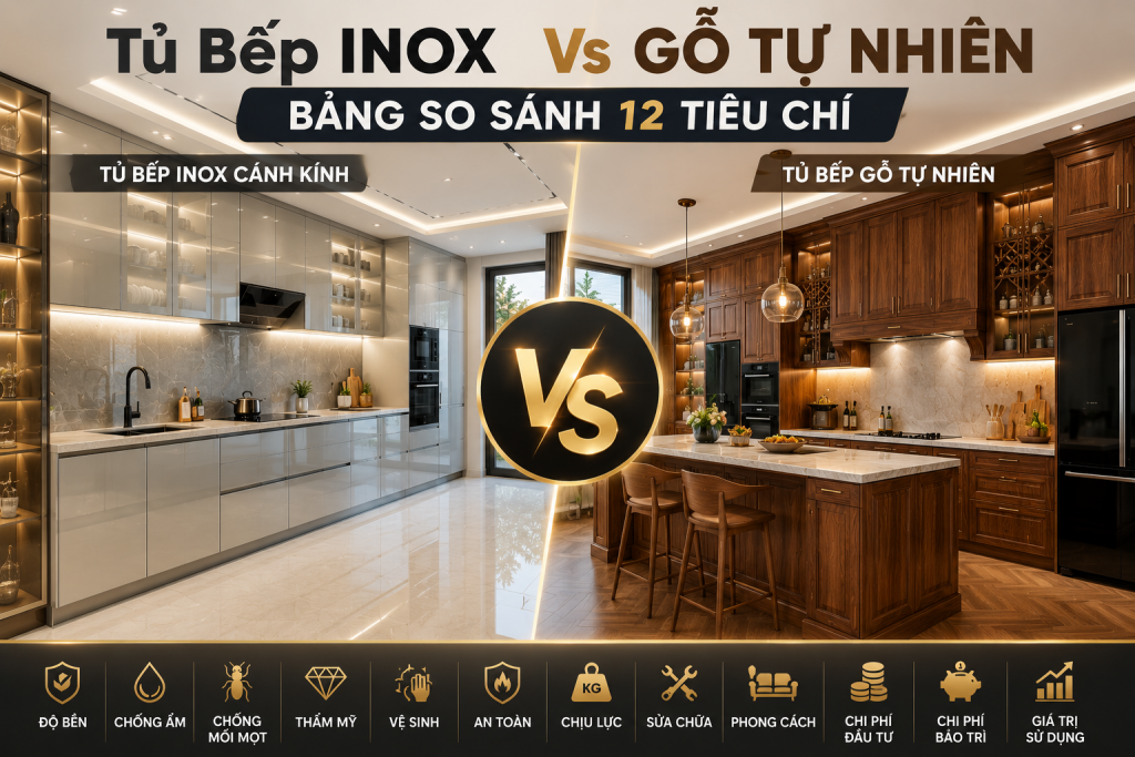 Tủ bếp inox vs gỗ tự nhiên bảng so sánh 12 tiêu chí