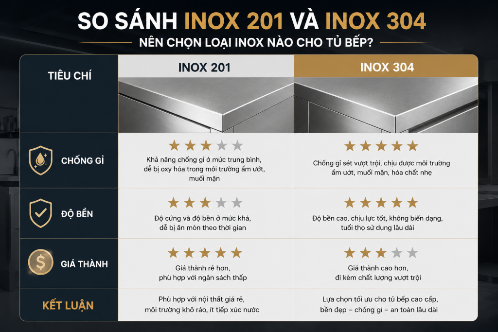 So sánh inox 201 inox 304 làm tủ bếp