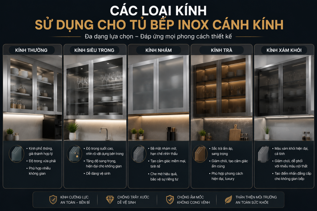 Các loại kính sử dụng cho tủ bếp inox cánh kính 