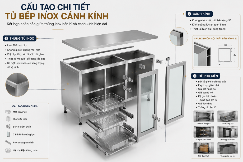 Cấu tạo chi tiết tủ bếp inox cánh kính