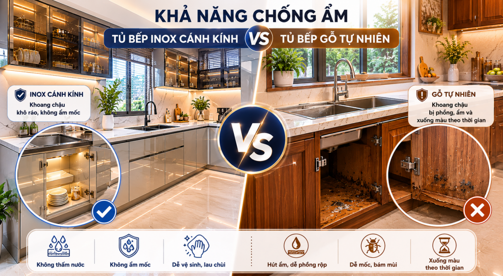 Khả năng chống ẩm của tủ bếp inox vs gỗ tự nhiên