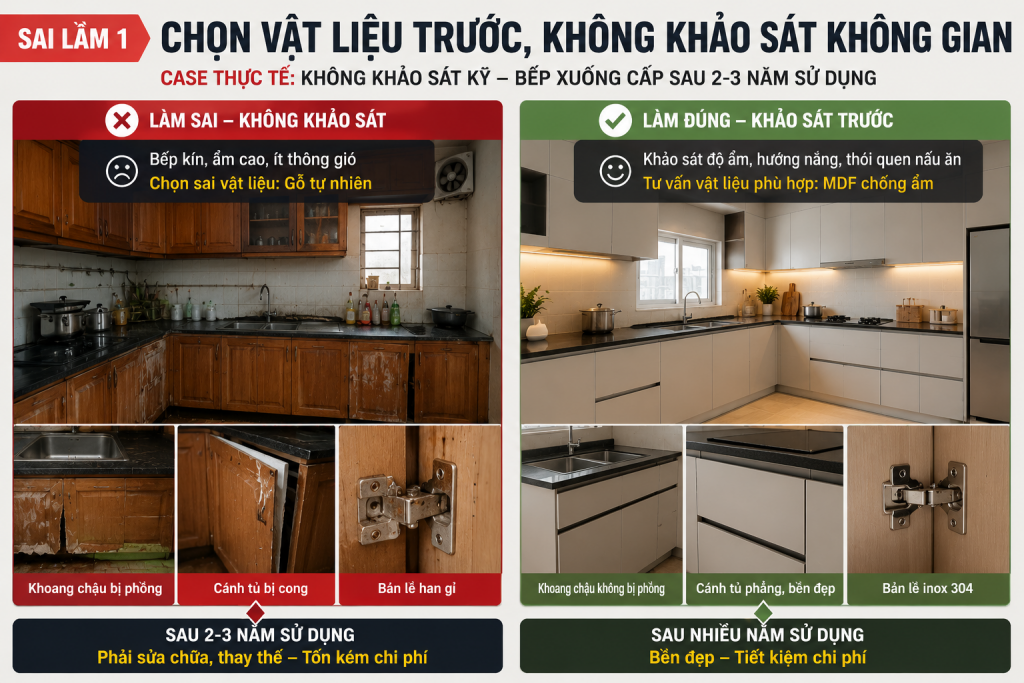 Khoang chậu bị phồng và cánh tủ cong do không khảo sát không gian trước khi làm bếp