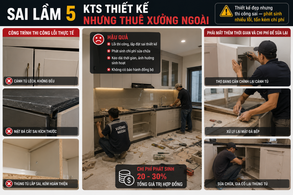 Hình ảnh thực tế công trình tủ bếp thi công lỗi do thuê xưởng ngoài gia công