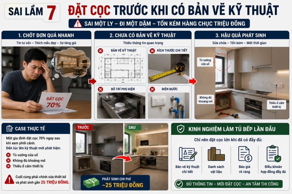 Đặt cọc tủ bếp trước khi có bản vẽ kỹ thuật khiến phát sinh lỗi và chi phí sửa chữa