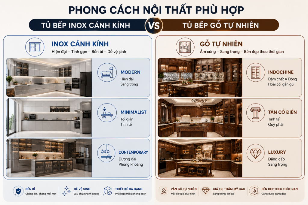 Phong cách nội thất phù hợp với tủ bếp inox vs gỗ tự nhiên