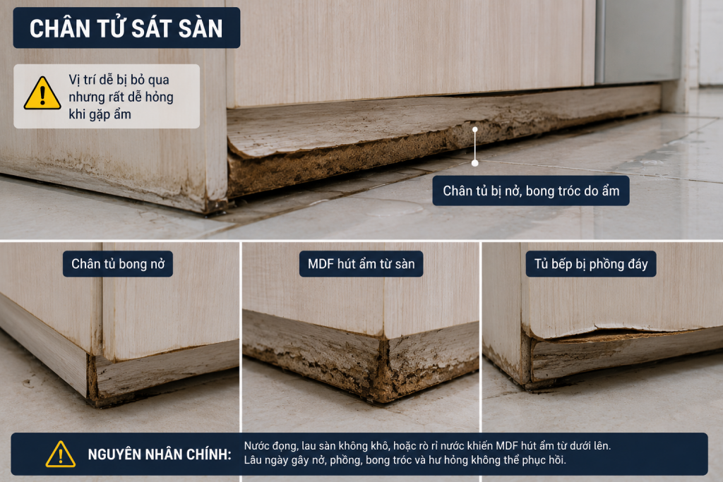 Khu vực chân tủ sát sàn là vị trí MDF rất dễ hút ẩm, gây phồng đáy, bong tróc và giảm tuổi thọ tủ bếp theo thời gian