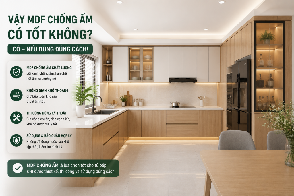 MDF chống ẩm vẫn là lựa chọn phù hợp cho tủ bếp nếu không gian khô thoáng, thi công đúng kỹ thuật và hạn chế tiếp xúc nước lâu dài