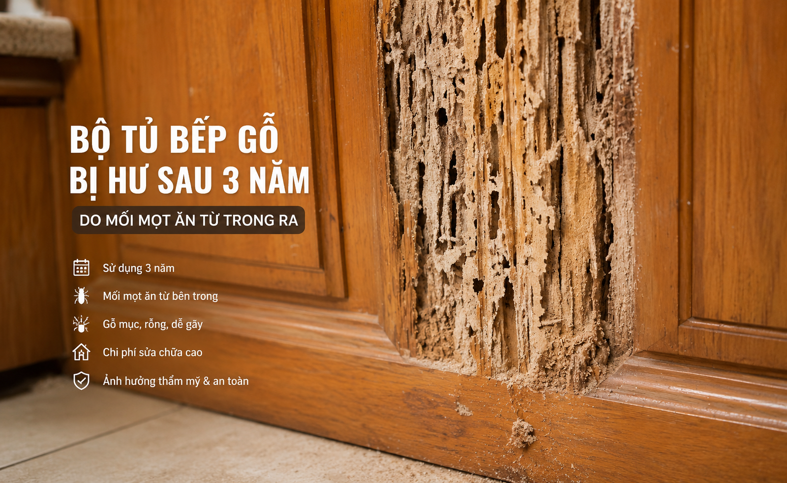 Bộ tủ bếp gỗ bị hư sau 3 năm do mối mọt ăn từ trong ra