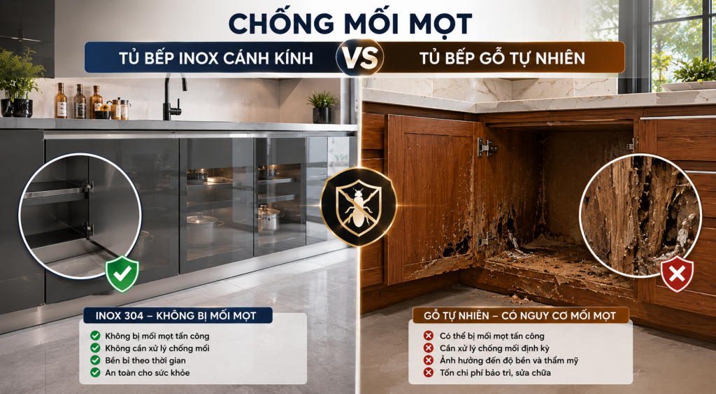 Tủ bếp inox vs gỗ tự nhiên về khả năng chống mối mọt