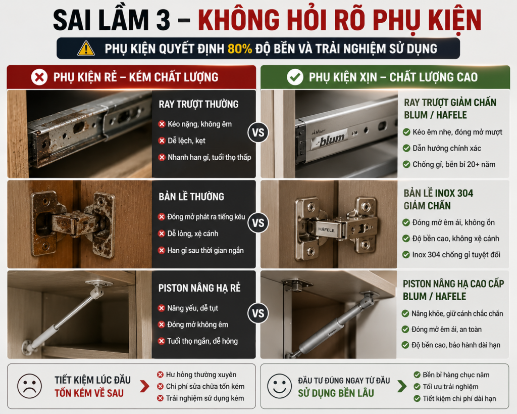 So sánh phụ kiện tủ bếp giá rẻ và phụ kiện giảm chấn cao cấp cho tủ bếp