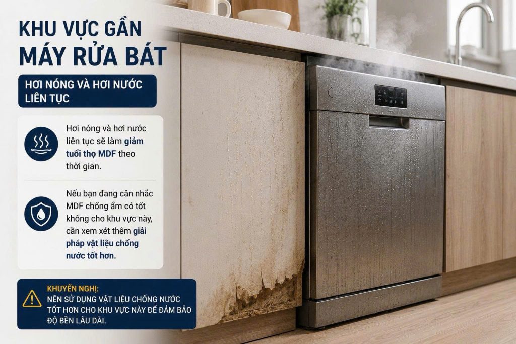 Hơi nóng và hơi nước từ máy rửa bát có thể khiến MDF chống ẩm nhanh xuống cấp nếu sử dụng lâu dài mà không có giải pháp vật liệu phù hợp