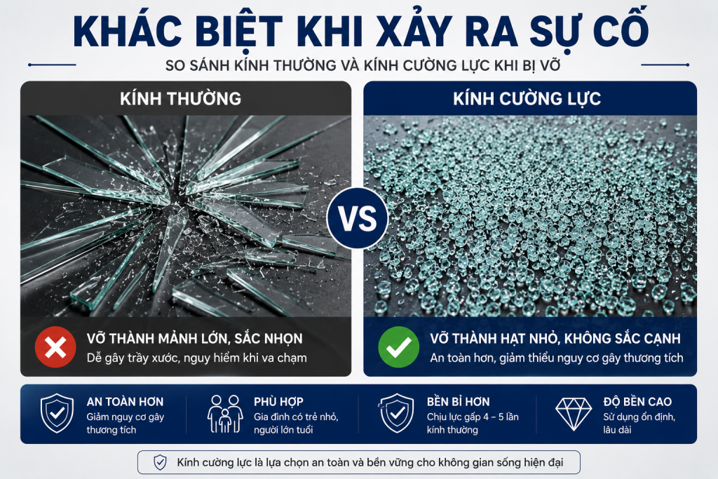 So sánh kính thường và kính cường lực khi bị vỡ