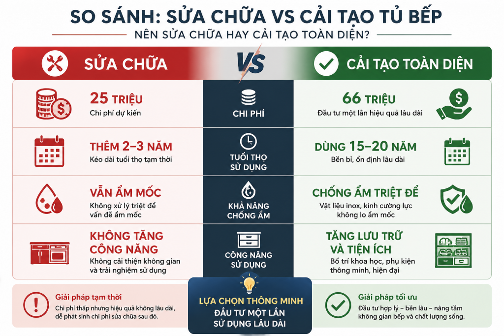 So sánh chi phí sửa chữa và cải tạo tủ bếp toàn diện