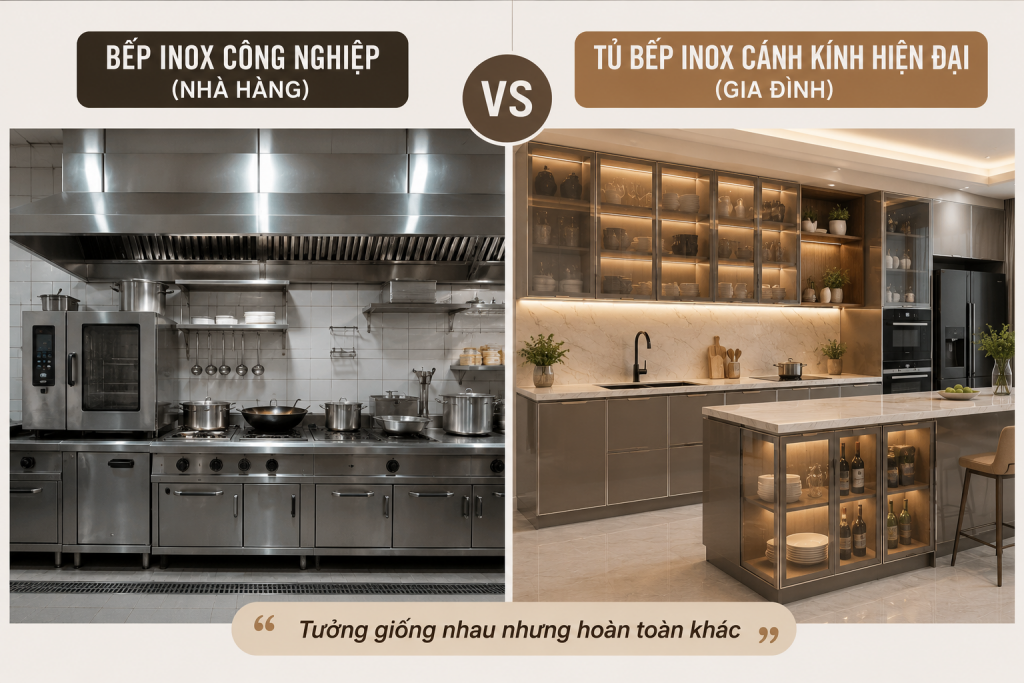 So sánh bếp inox công nghiệp và tủ bếp inox cánh kính hiện đại