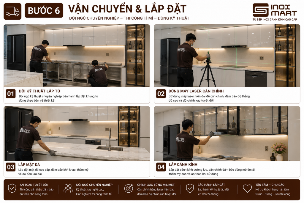 Lắp đặt tủ bếp inox cánh kính tại công trình