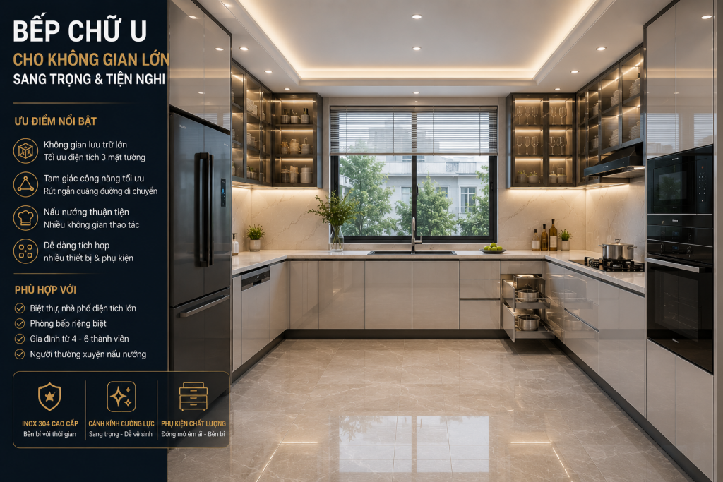 Mẫu bếp chữ u inox cánh kính cao cấp