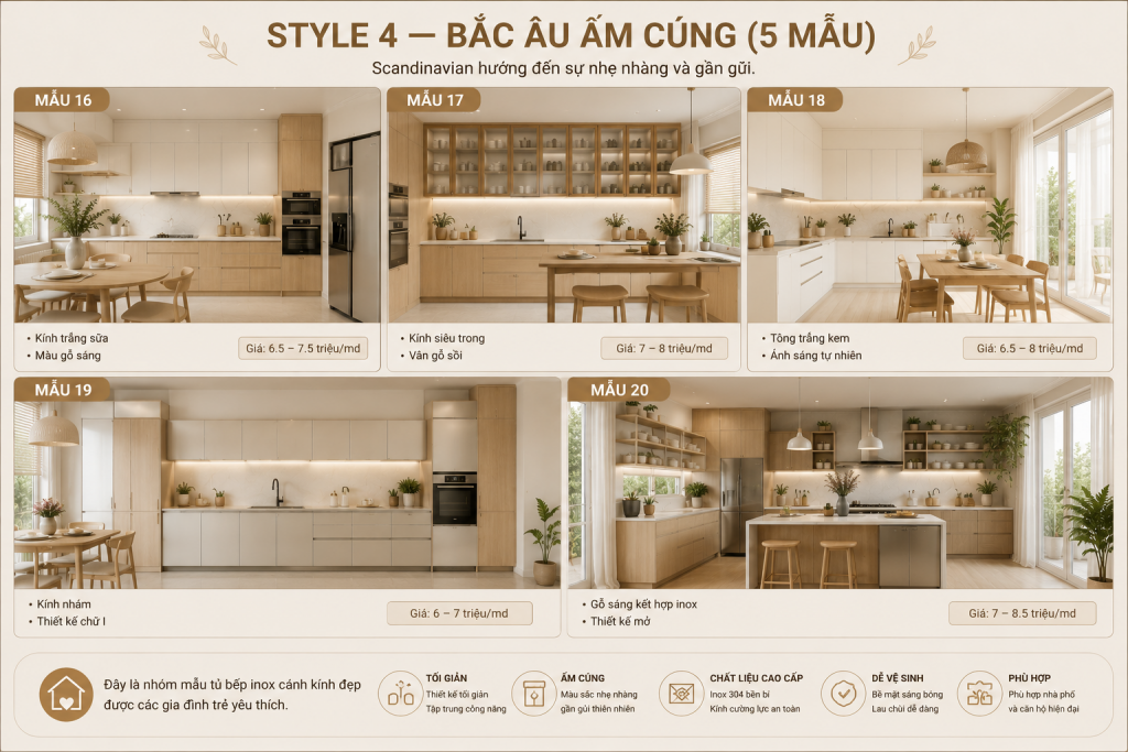 Mẫu tủ bếp inox cánh kính đẹp phong cách Bắc Âu ấm cúng năm 2026