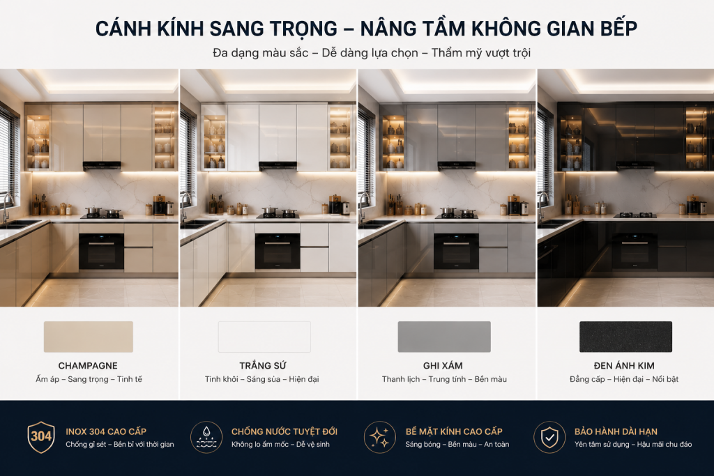 Mẫu màu cánh kính tủ bếp inox đẹp
