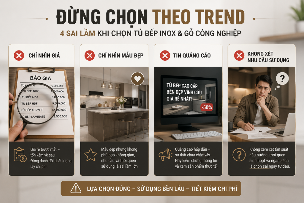 Những sai lầm khi chọn tủ bếp inox và gỗ công nghiệp theo xu hướng