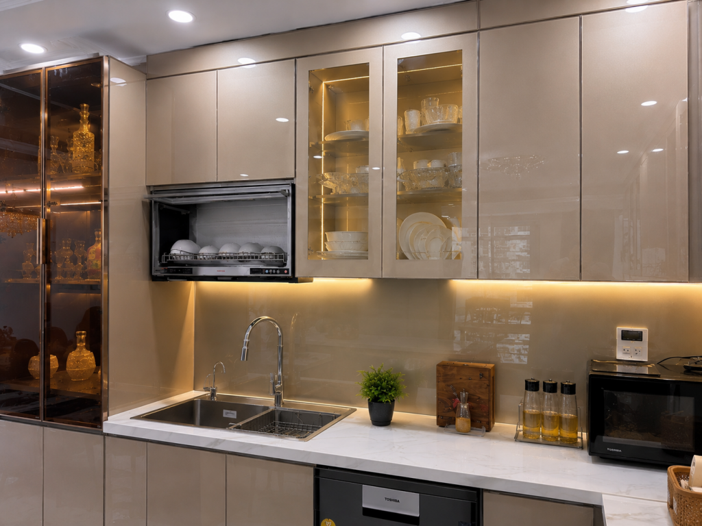 Cánh kính màu champagne trong công trình tủ bếp inox Long Biên