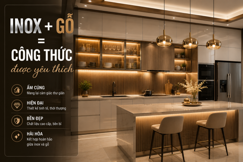 Tủ bếp inox kết hợp gỗ trang trí phong cách Bắc Âu