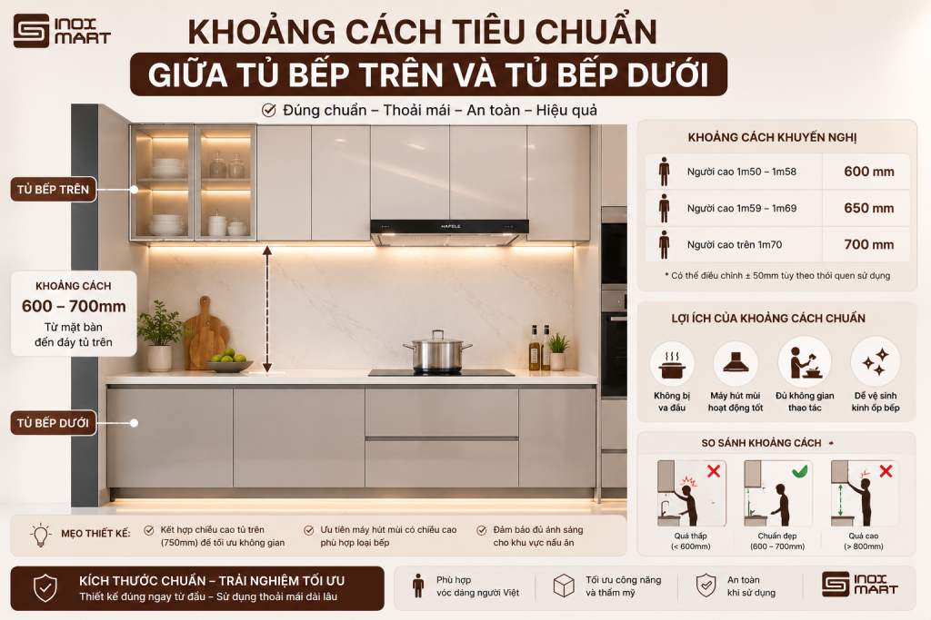 Khoảng cách tiêu chuẩn giữa tủ bếp trên và dưới