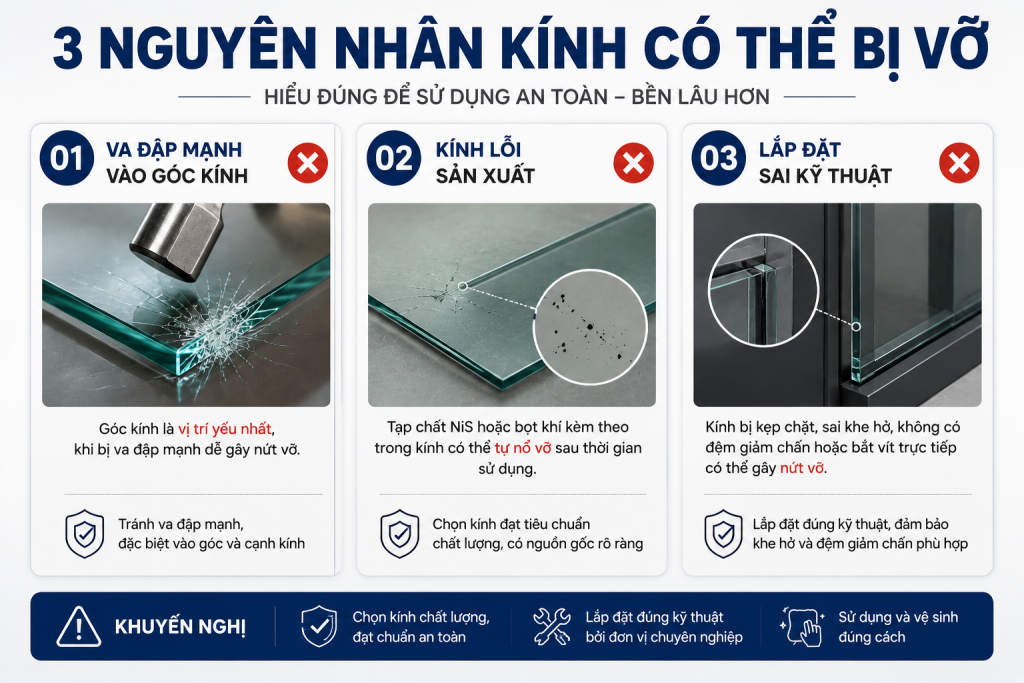 Các nguyên nhân phổ biến làm kính cường lực bị vỡ