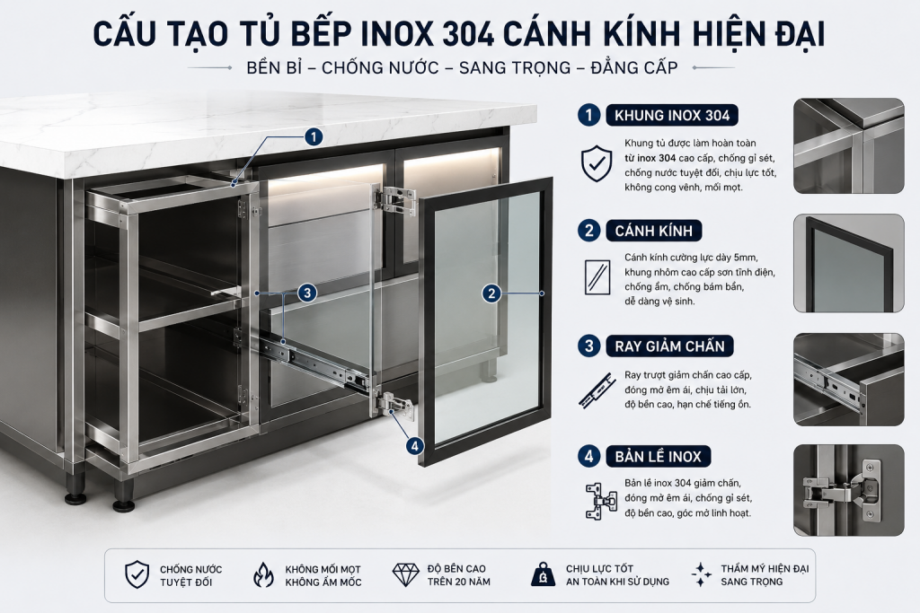 Cấu tạo tủ bếp inox 304 cánh kính hiện đại