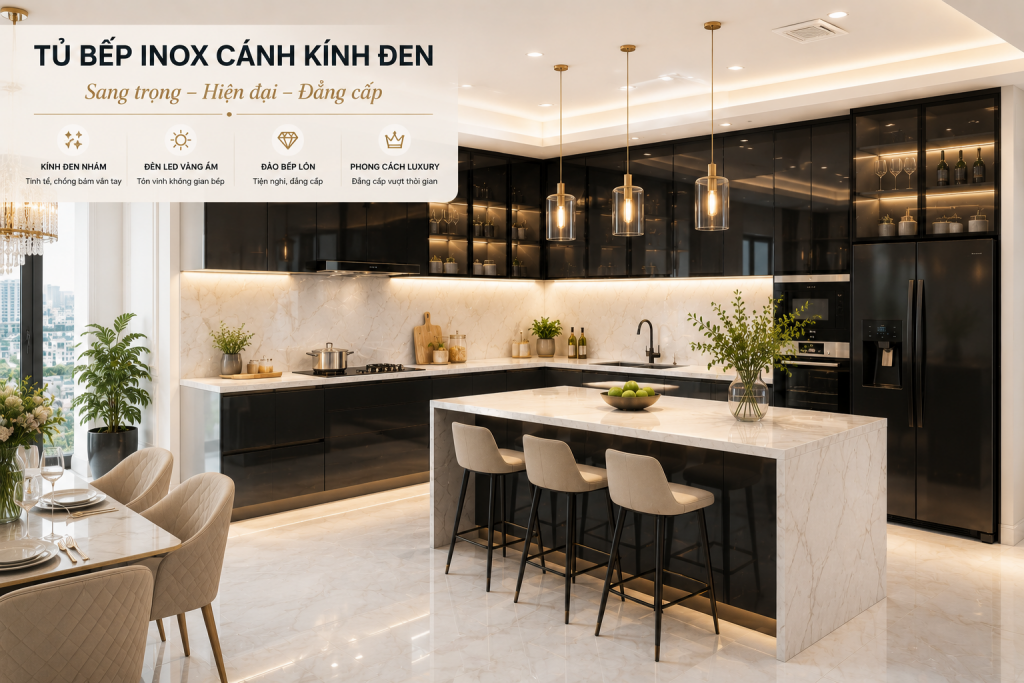 Màu tủ bếp inox cánh kính đen sang trọng cho biệt thự hiện đại