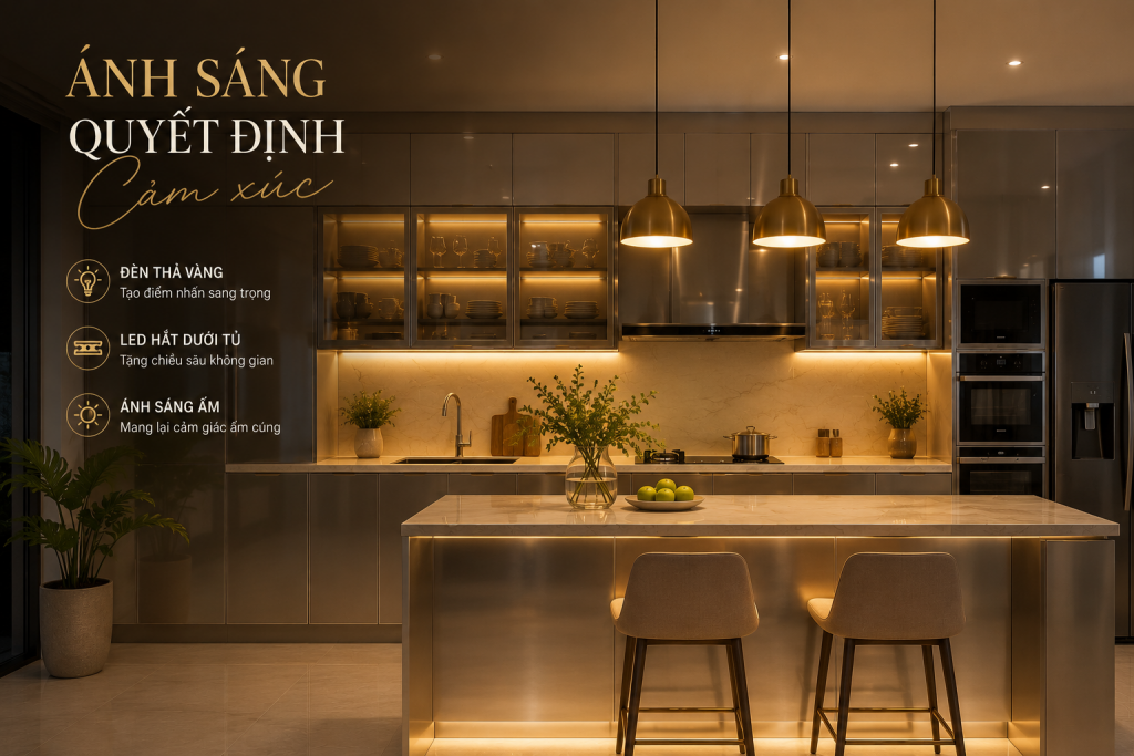 Hệ đèn vàng giúp tủ bếp inox trở nên ấm cúng