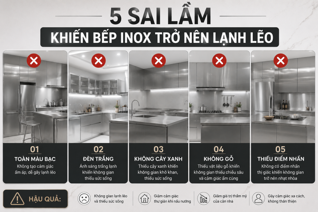Những sai lầm khiến tủ bếp inox mất đi sự ấm cúng