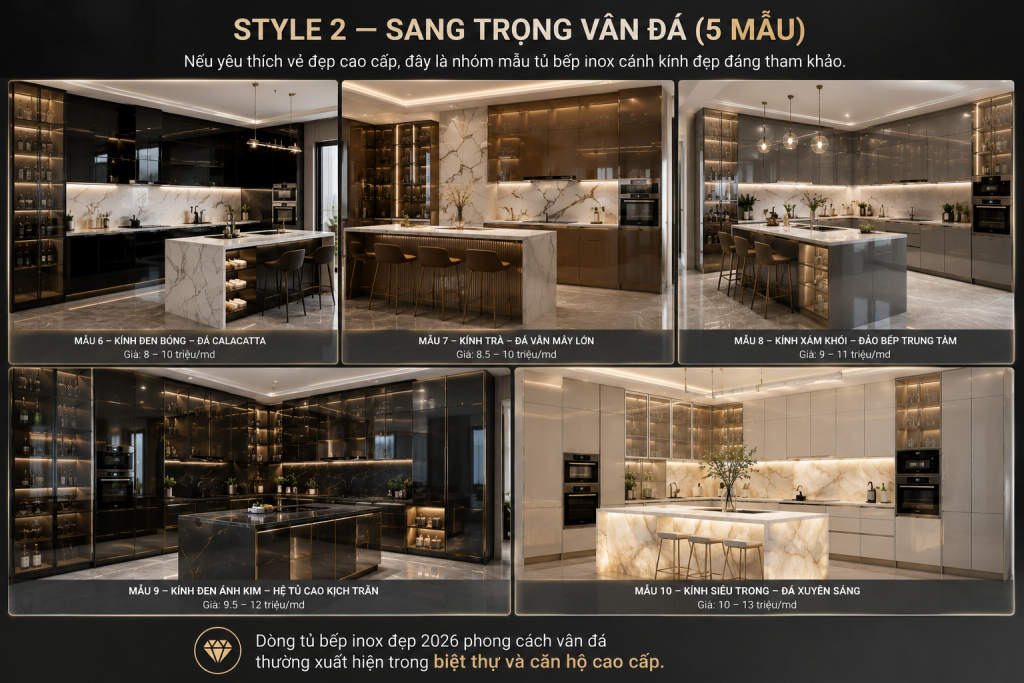 Mẫu tủ bếp inox cánh kính đẹp phong cách sang trọng vân đá năm 2026