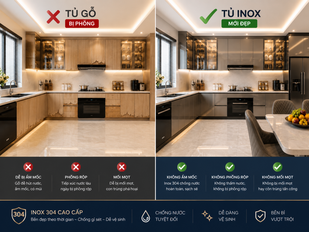 So sánh tủ gỗ và tủ bếp inox cánh kính